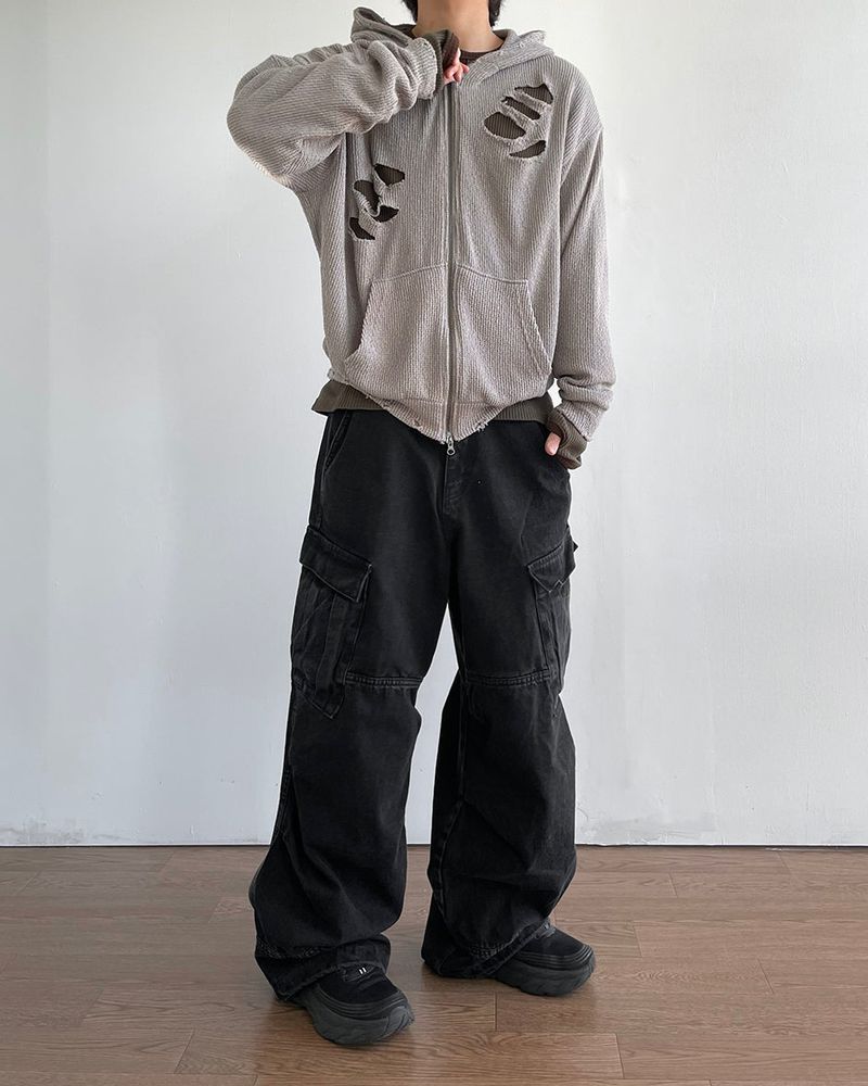 Broken Knit Hooded Zip-Up