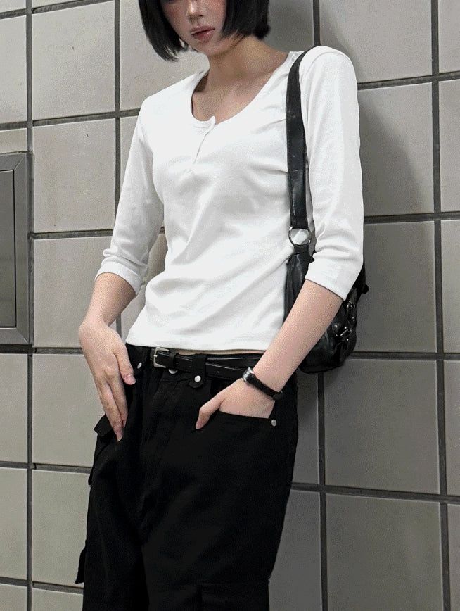 hatsukoshi(ハツコシ)の「Skin Henley Neck Three Quarter Sleeve T-Shirt(Tops)」