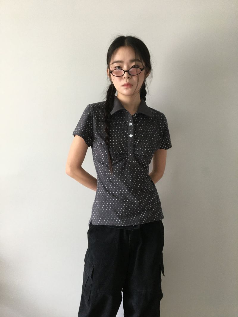 Shirring Dot Collar T-Shirt (3color)