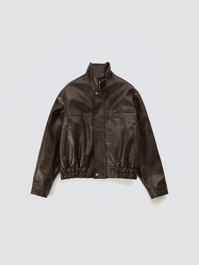 High-neck Leather Jacket_Brown
