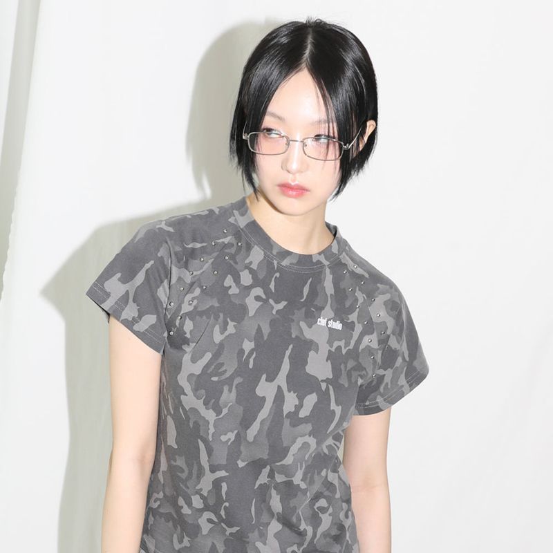 CLUT STUDIO（クラットスタジオ）の「Camo Stud Half T-shirt - GREY（Tops）」