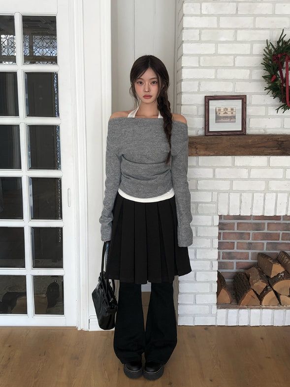 Lance Shirring Halter Drape Off-Shoulder Knit