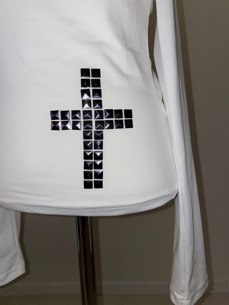 Crystal Stud Cross Off-Shoulder T