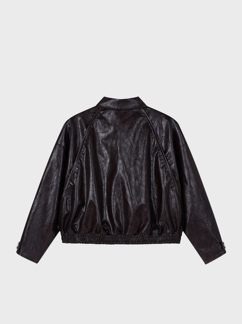 Glossy Leather Bomber Jacket_Brown