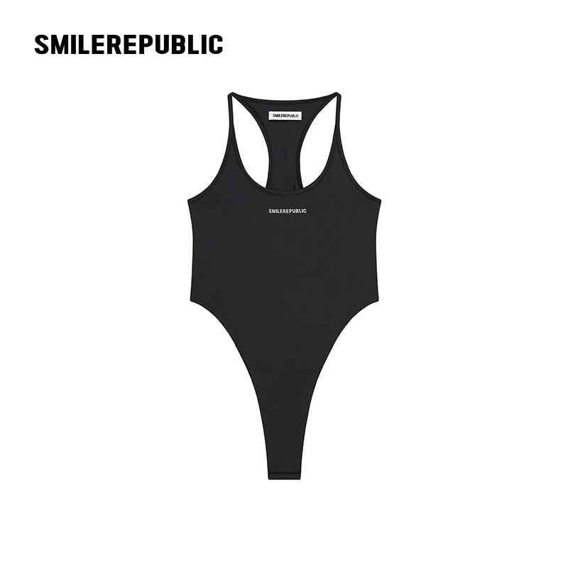 SMILEREPUBLIC（スマイルリパブリック）の「ブラック レーサーバック ロゴ入り フィット ボディスーツ レディース（トップス）」