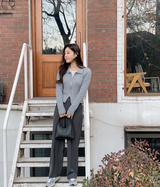 AZ Collar Crop Knit Zip-up (4color)