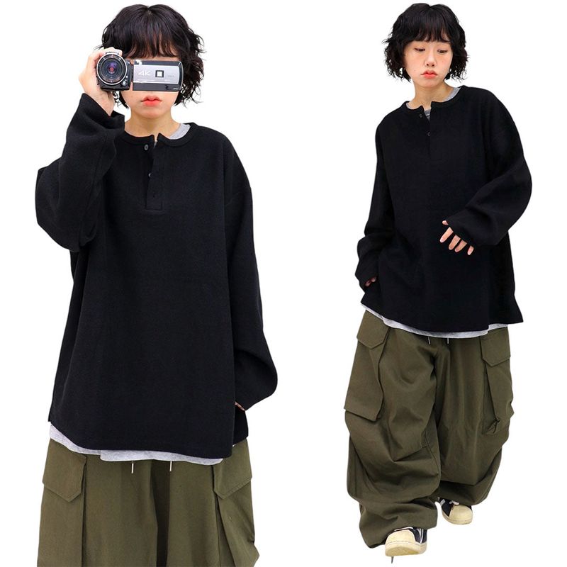Over Waffle Henley Neck Long Sleeve Tee