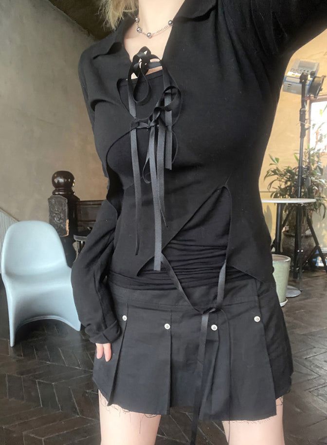 Strap slit collars ribbon T-shirt