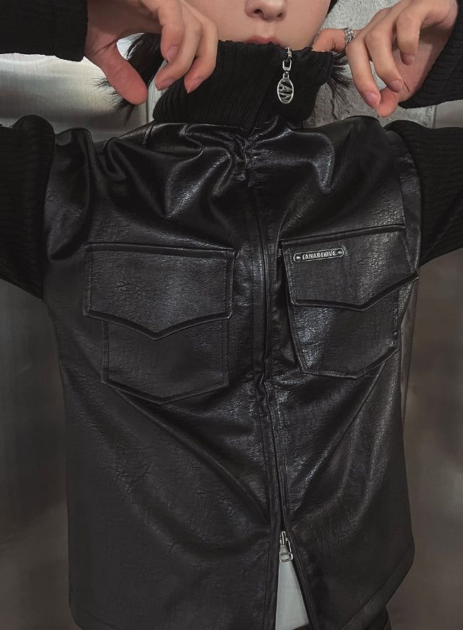 [LANARCH] Amber Leather Pocket Neck Zip-Up