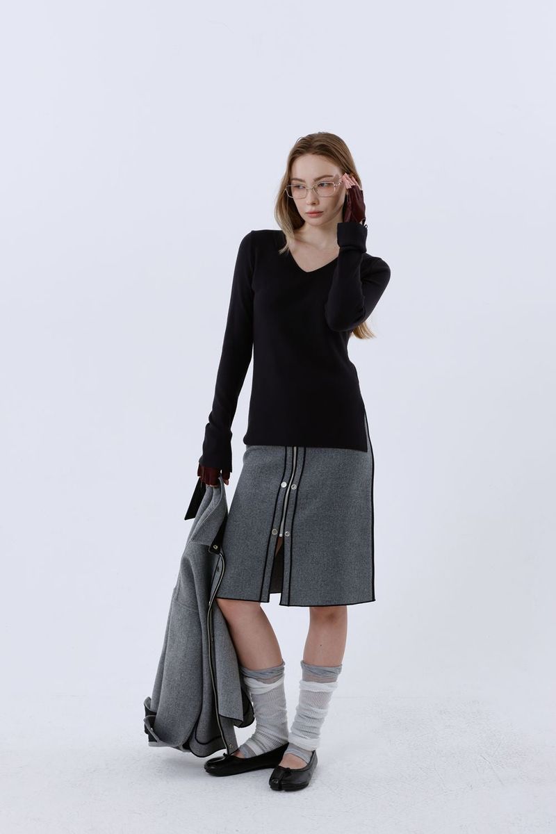 WOOL BLEND MIDI SKIRT_MELANGE GREY