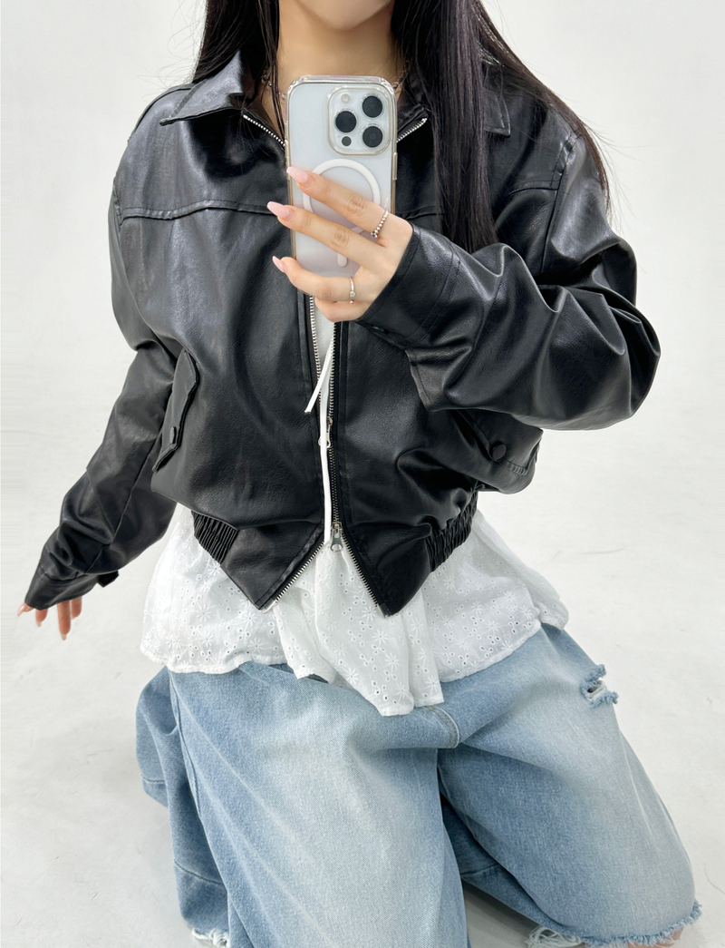 BLOUSON LEATHER JACKET 2-WAY ZIP-UP🖤