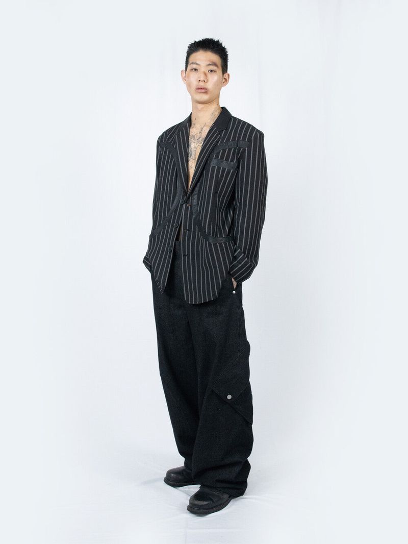 Circle Leather Patch Blazer (Black Stripe)
