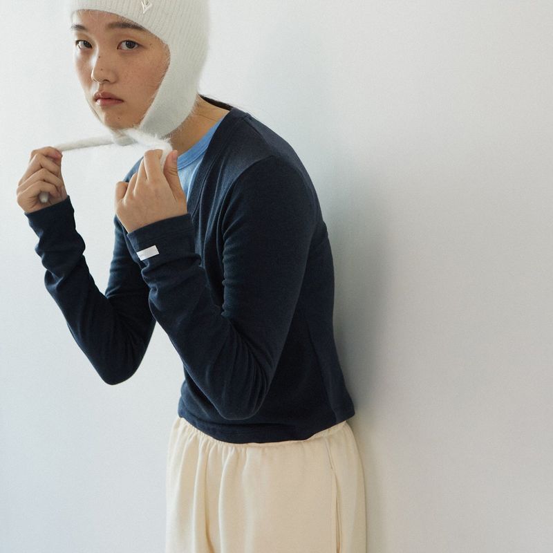 Wool V-neck daily long sleeve_navy