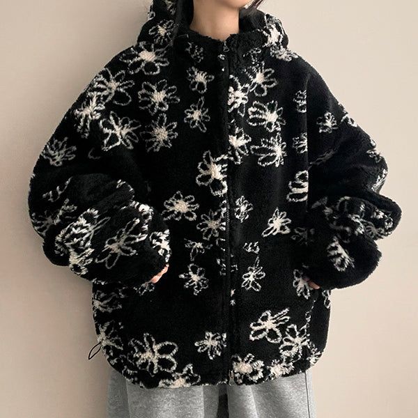 Flower Oversized Dumble Hood Zip-Up Jumper