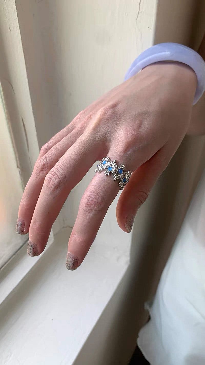 Blue flower silver open ring