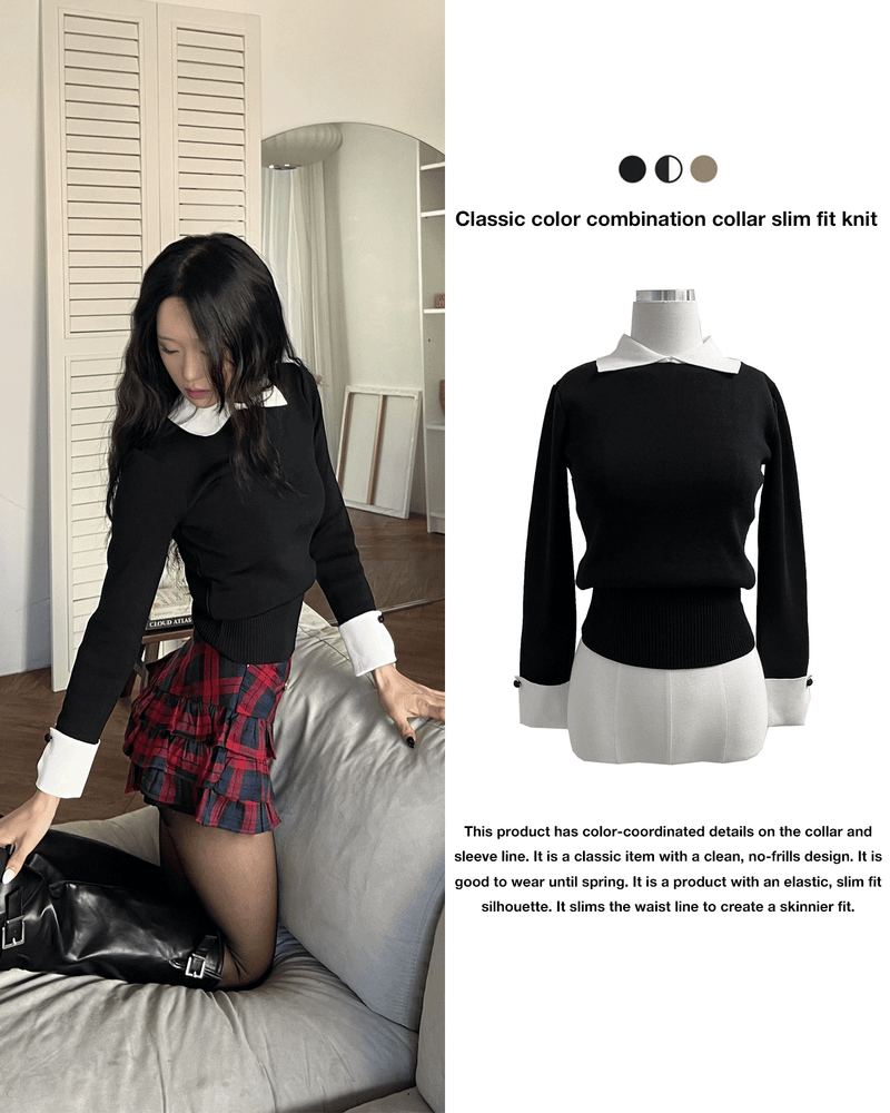 GUSTA(グスタ)の「Classic color combination collar slim fit long sleeve knit (3 colors)(Tops)」