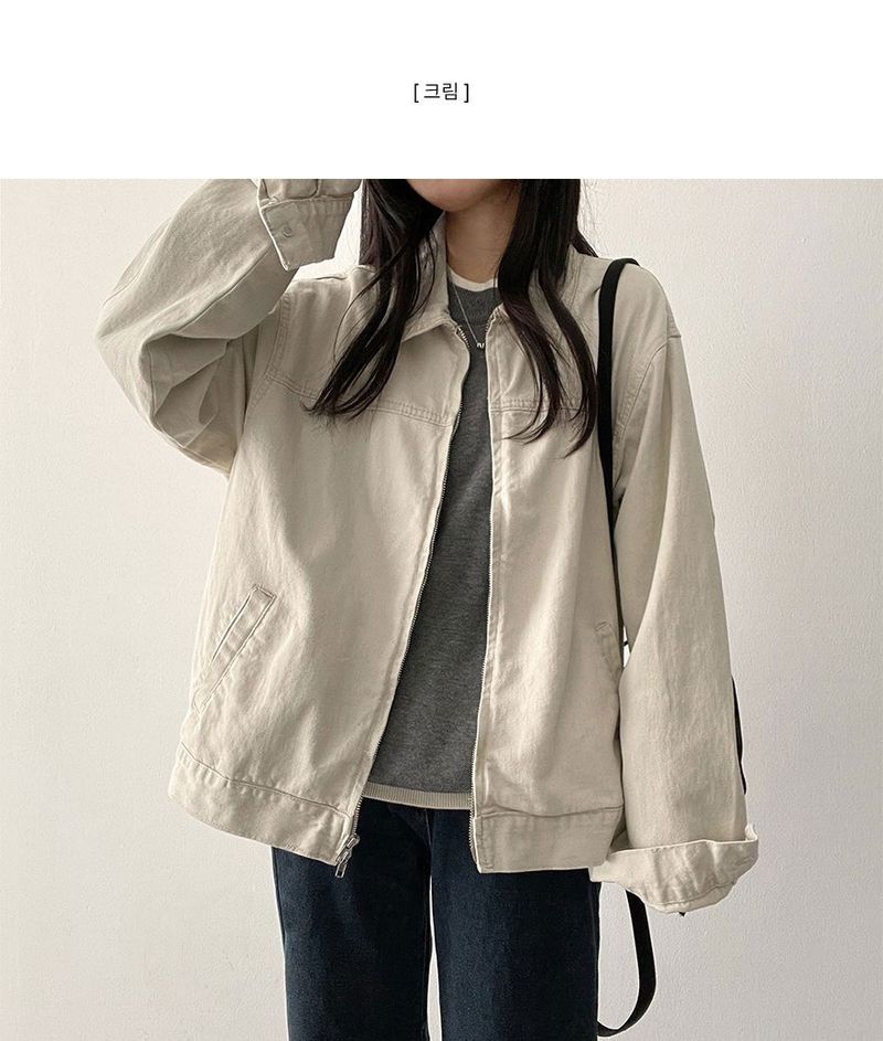 Rentto Basic Collar Zipper Loose Fit Cotton Jacket