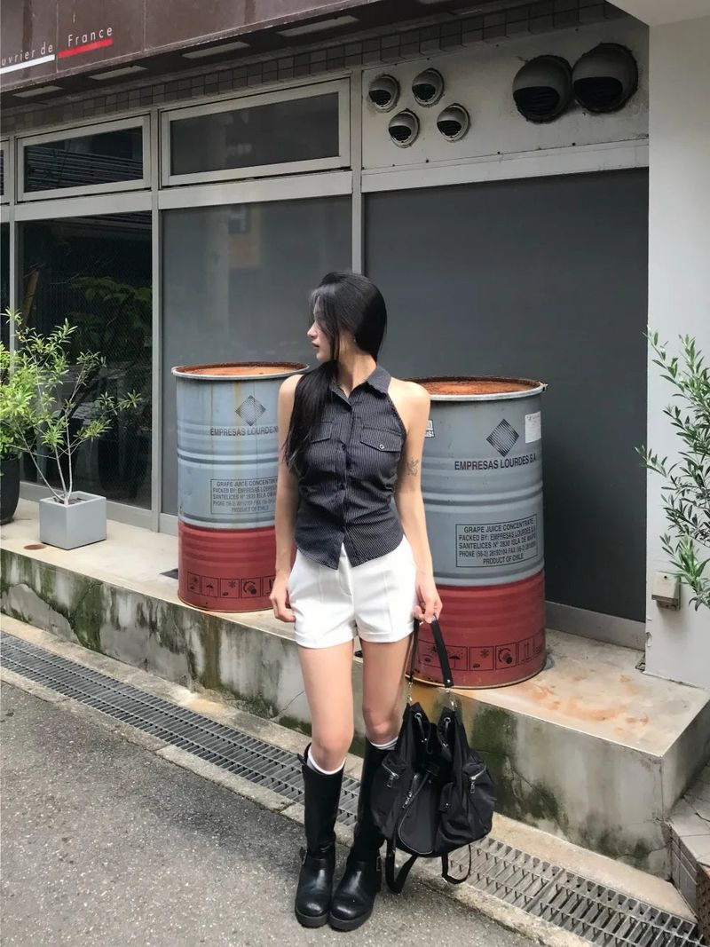 Niel Stripe Backless Halter Collar Shirt