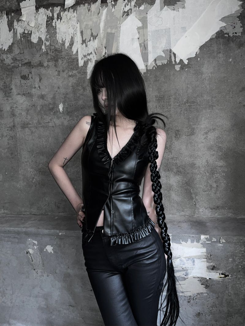 rock chic leather frill bustier