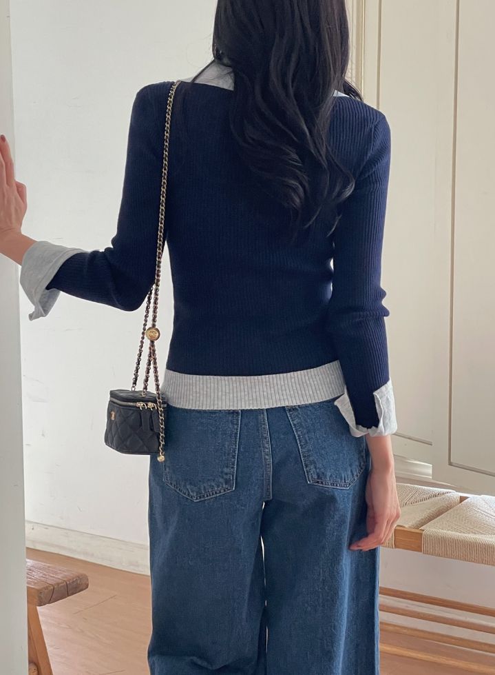 Core Layered Collar Ribbed Knit Cardigan