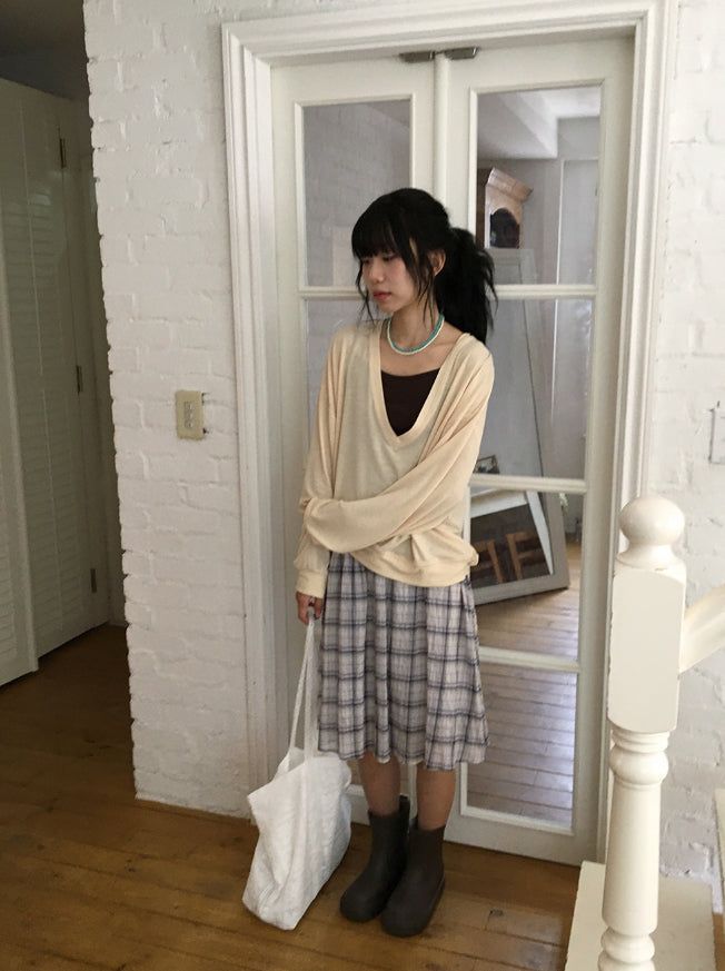 Luije Summer Check Shirring Flower Midi Banding Skirt