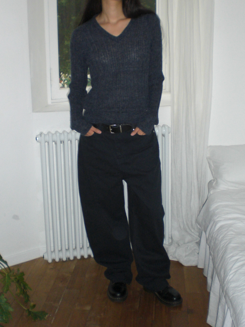 Curved wide cotton pants [Dark navy]