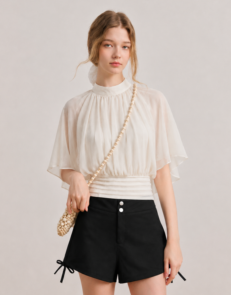 Elira Chiffon Drape Cape Blouse Ivory