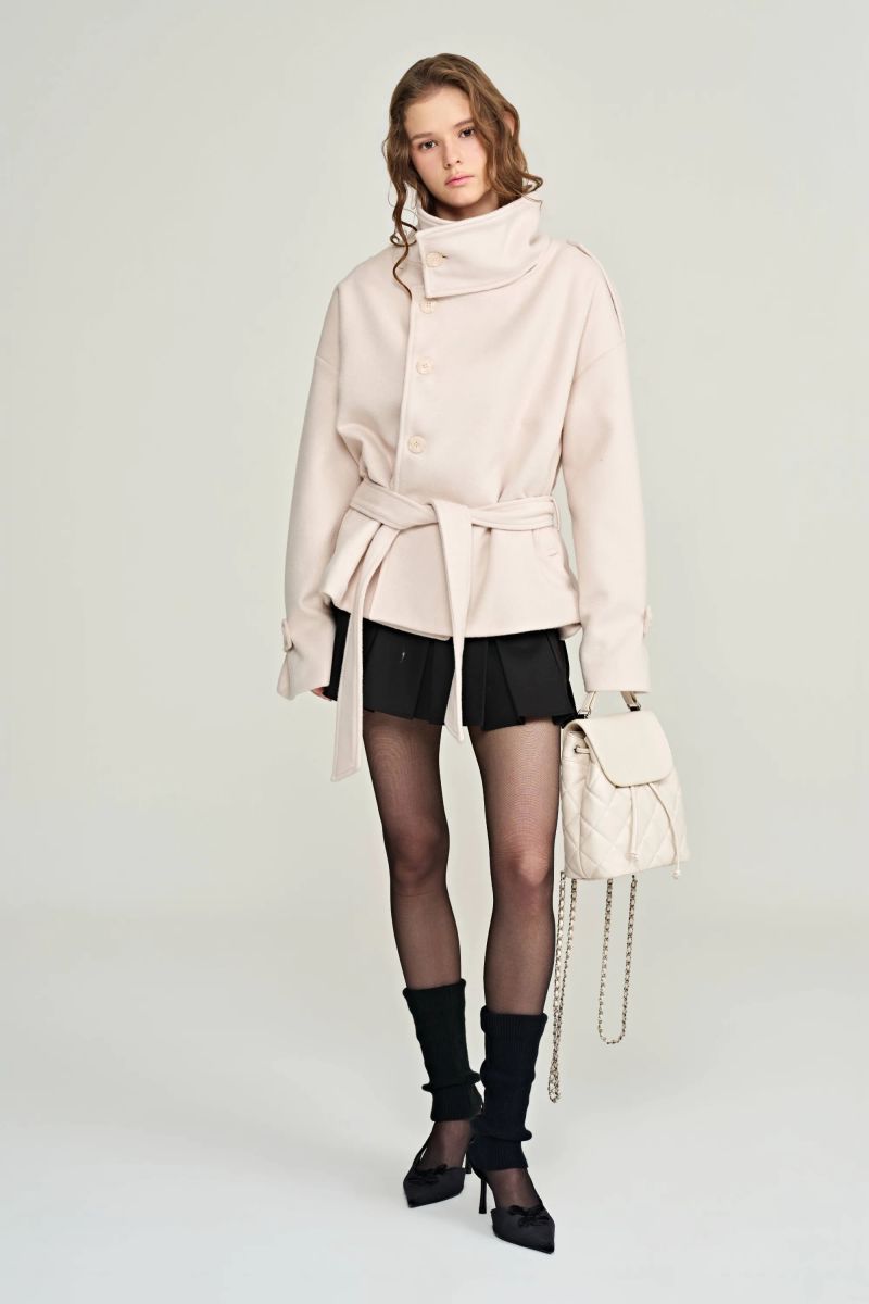 Cream rose high-neck wool coat, Baby Pink