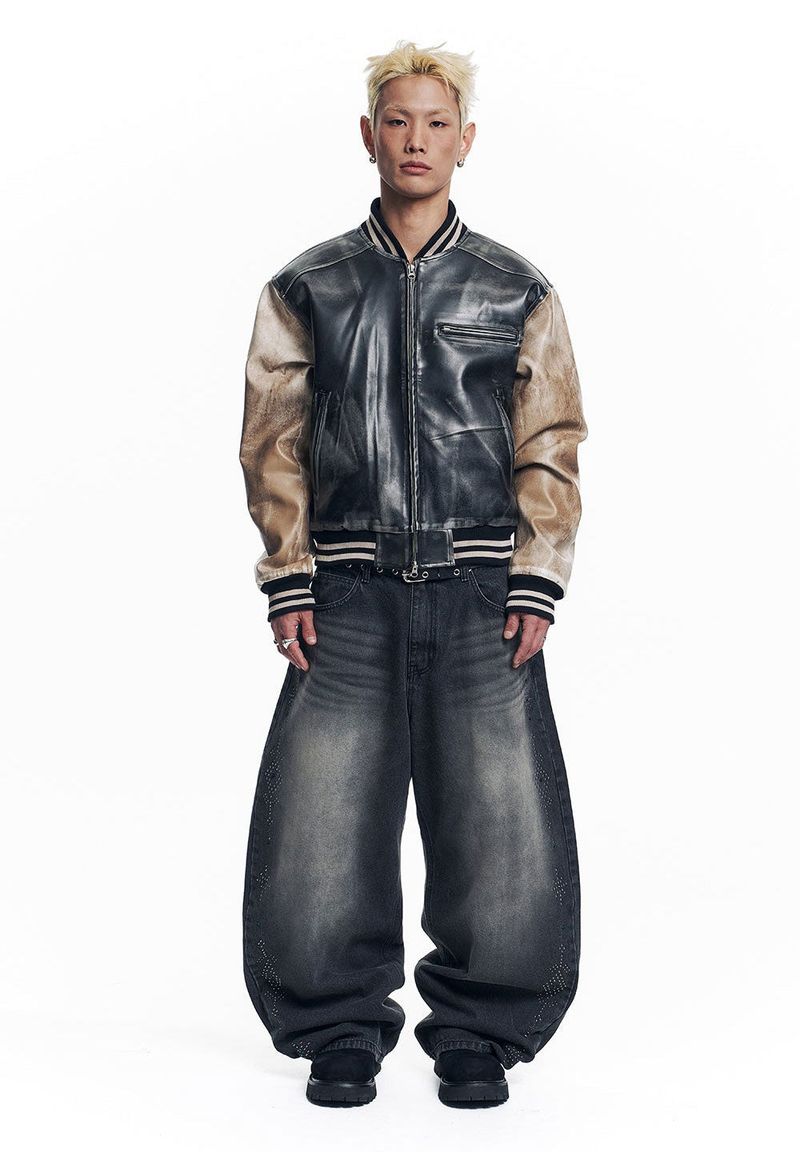 Curved Western Stud Denim Pants - Black