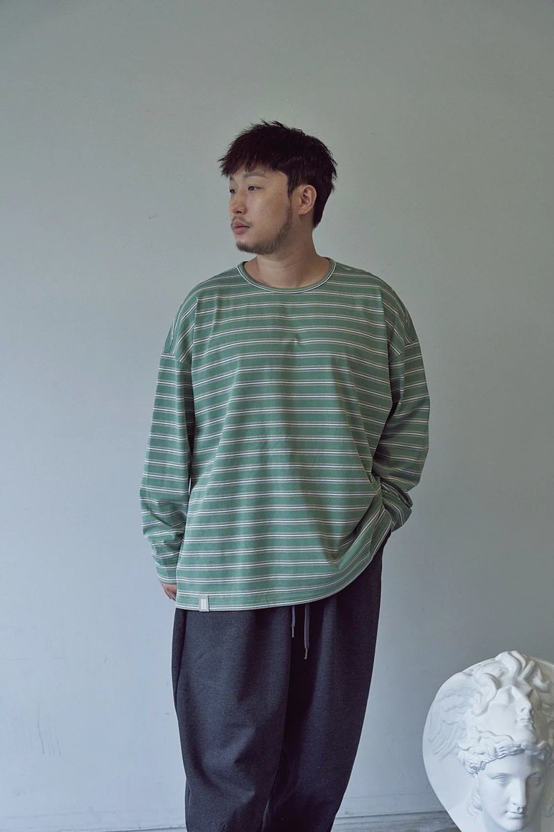 STRIPE BINDING-NECK BOX TEE (Sage Green)