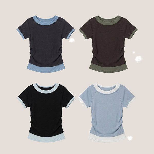 hijjoo（ハイチュー）の「スリムフィット✨カラーリングレイヤードサイドシャーリングショートスリーブTシャツ(4 colors)（トップス）」