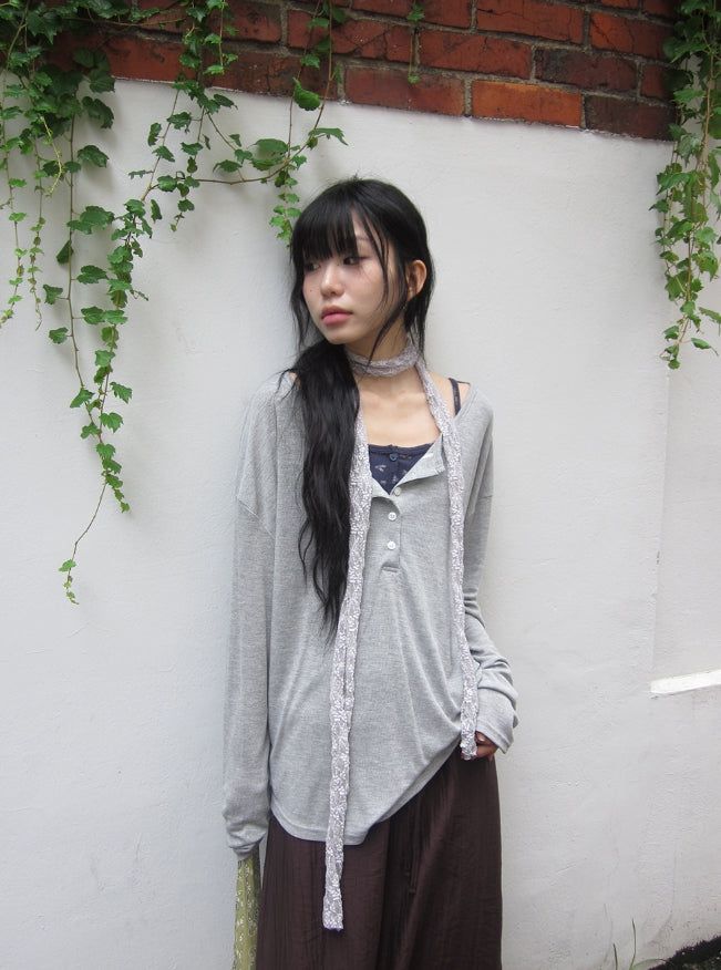 BAON（バオン）の「Nuaf Loose-Fit Summer Henley Neck Button Long Sleeve Tee（Tops）」