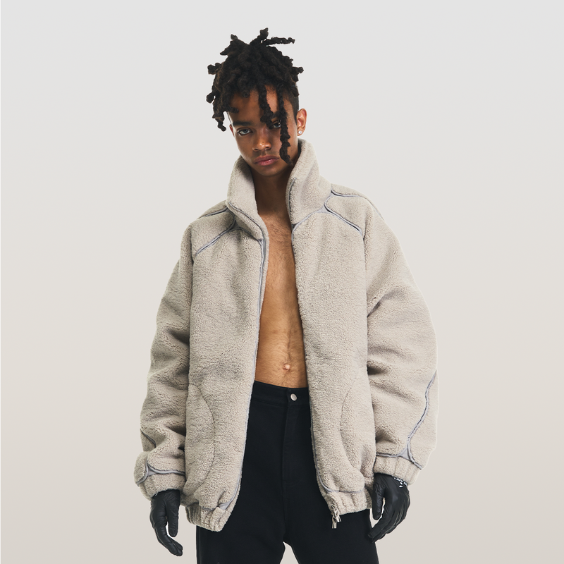 RELABEL（リレーベル）の「RELABEL 23AW Double Layer Line Deconstructed Fabric Patchwork Faux Lambswool Down Jacket（Jackets/Outerwear）」