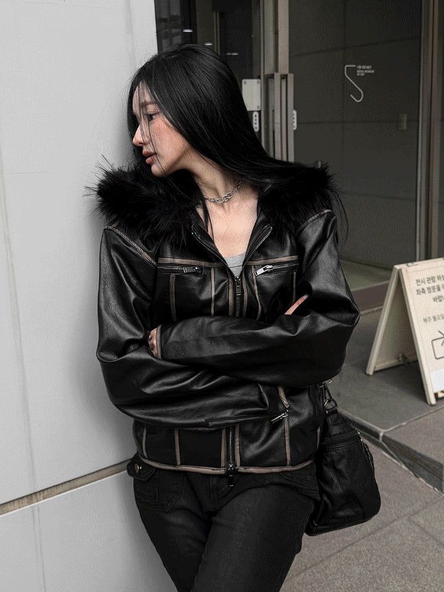 Vintage Noir Leather Zip-up