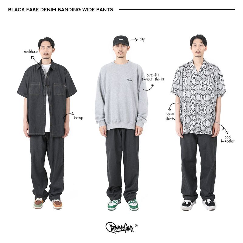 BLACK FAKE DENIM BANDING WIDE PANTS