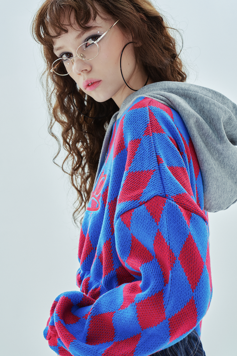 big logo argyle crop hood_pink&blue