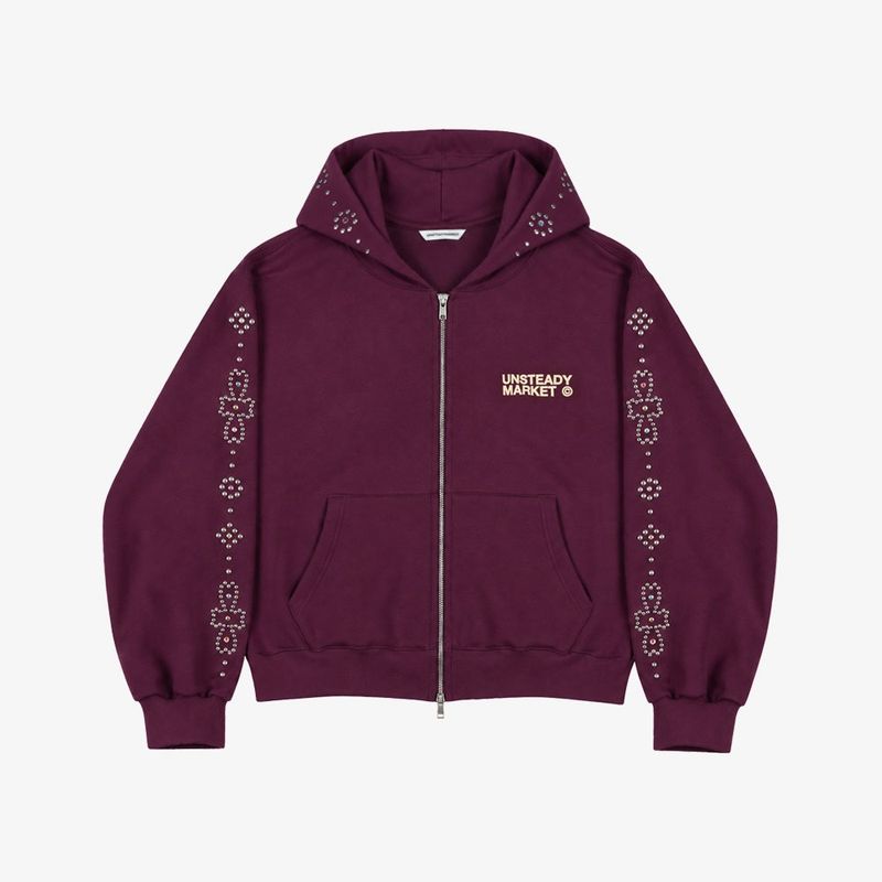 Rhinestone Zip-Up Hoodie_Bordeaux