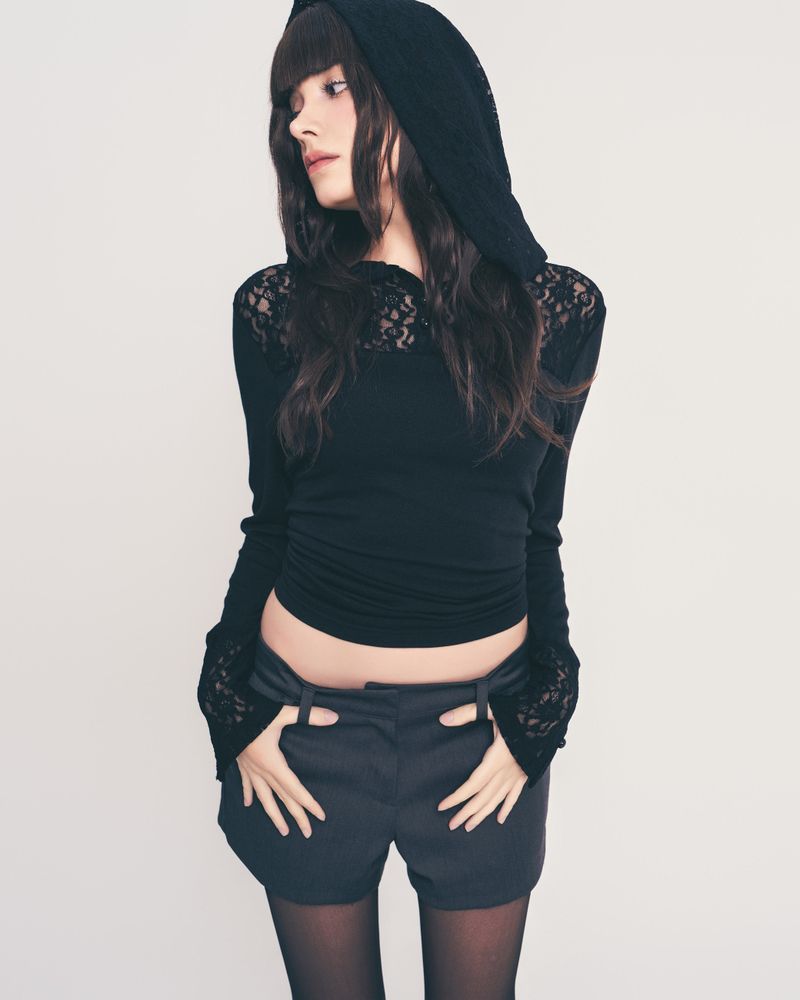 button lace hoodie top long ver. / black