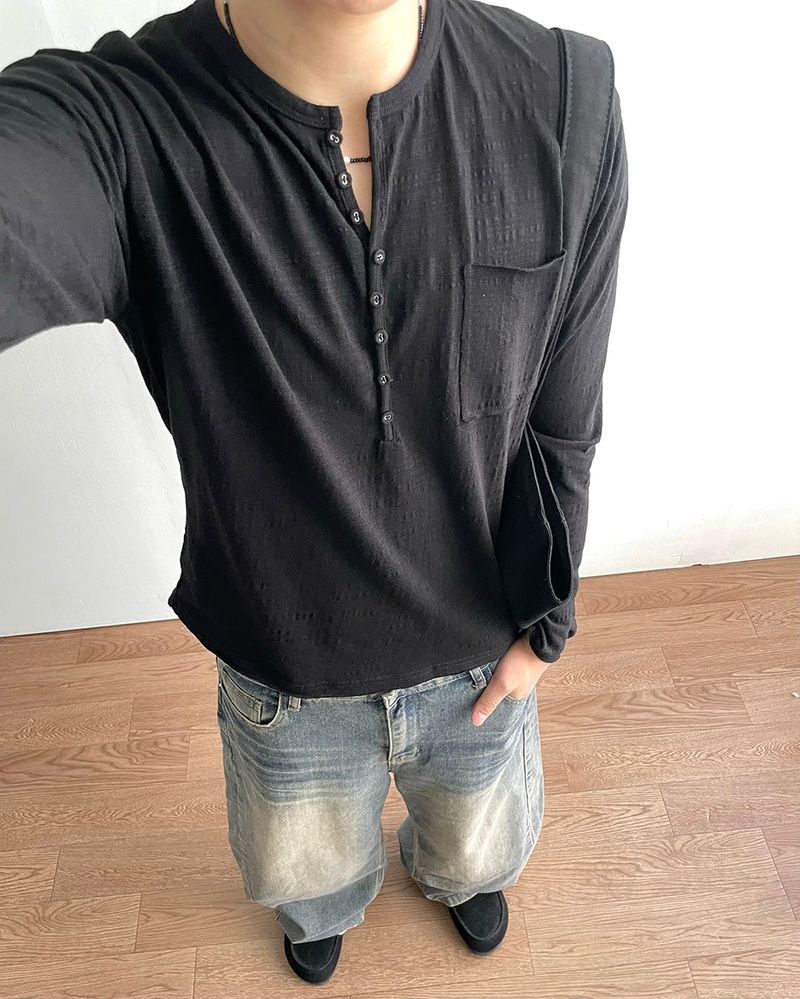 Pochi Slub Henely Neck Long Sleeve T