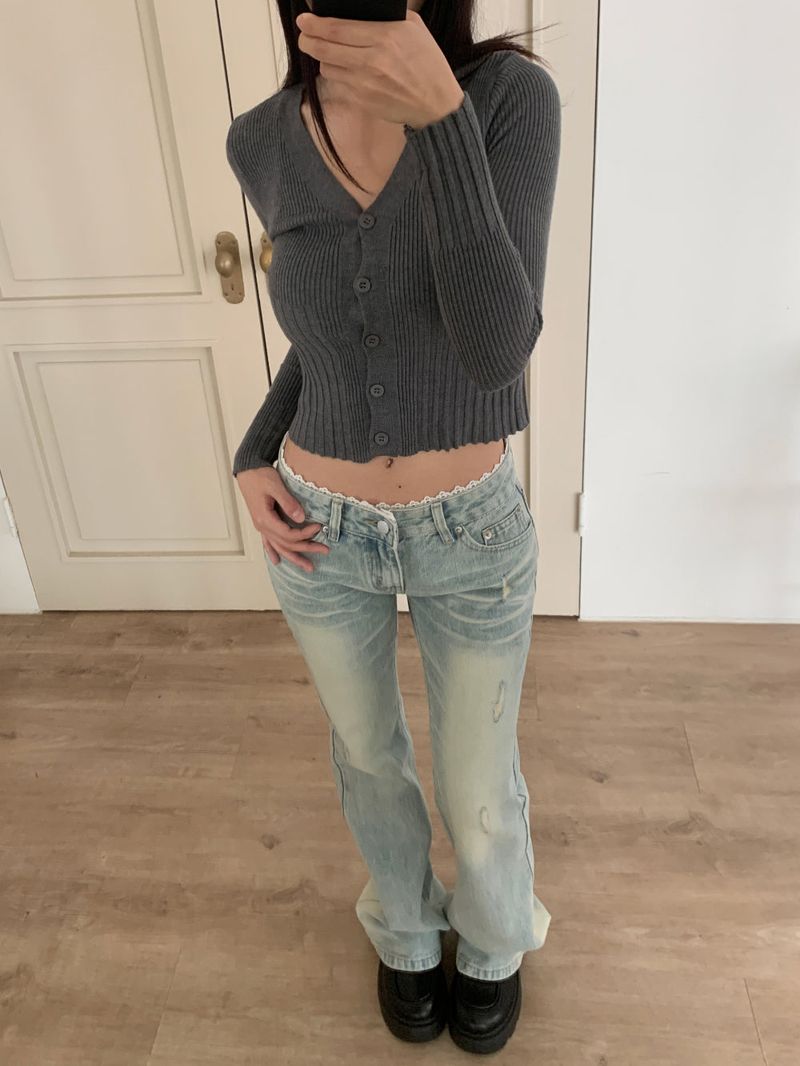 Touch Lace Trim Light Blue Bootcut Denim Pants