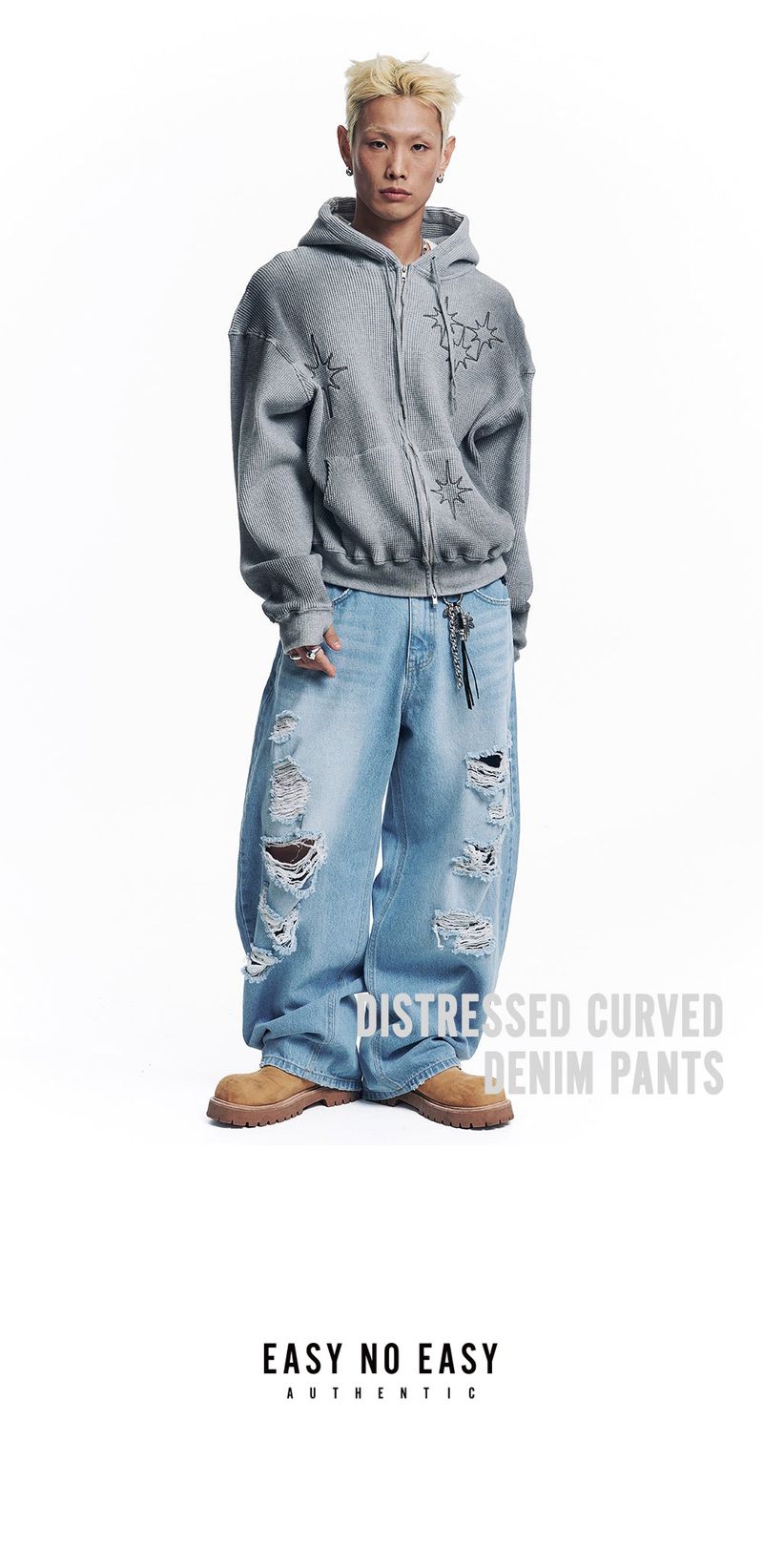 Distressed Curved Denim Pants - Light Blue