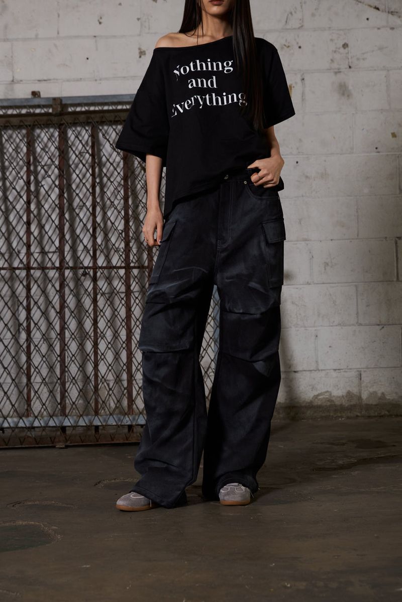 Dirty Washed Wide Cargo Denim Pants - Black