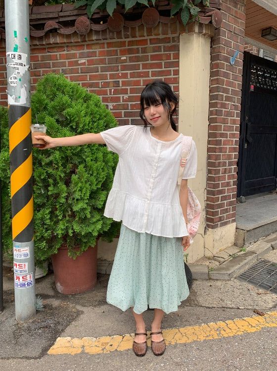 Roden Frill Cotton Balloon Short Sleeve Blouse