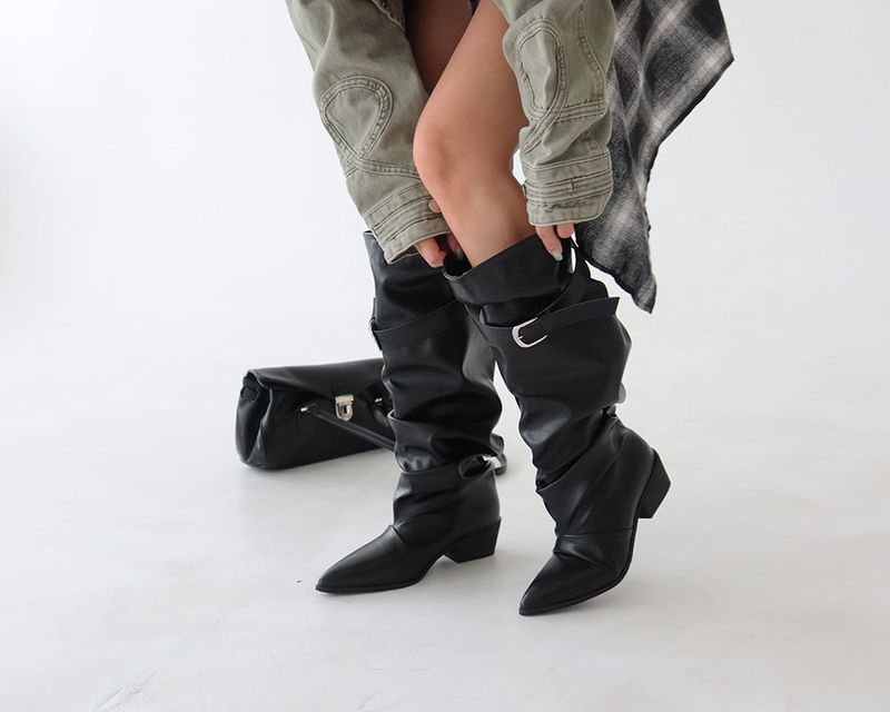 Wrinkle Shirring Belt Western Wide Long Boots