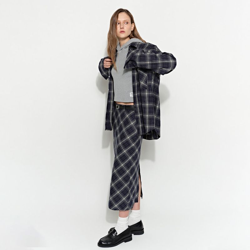 Slit Checked Long Skirt Blue