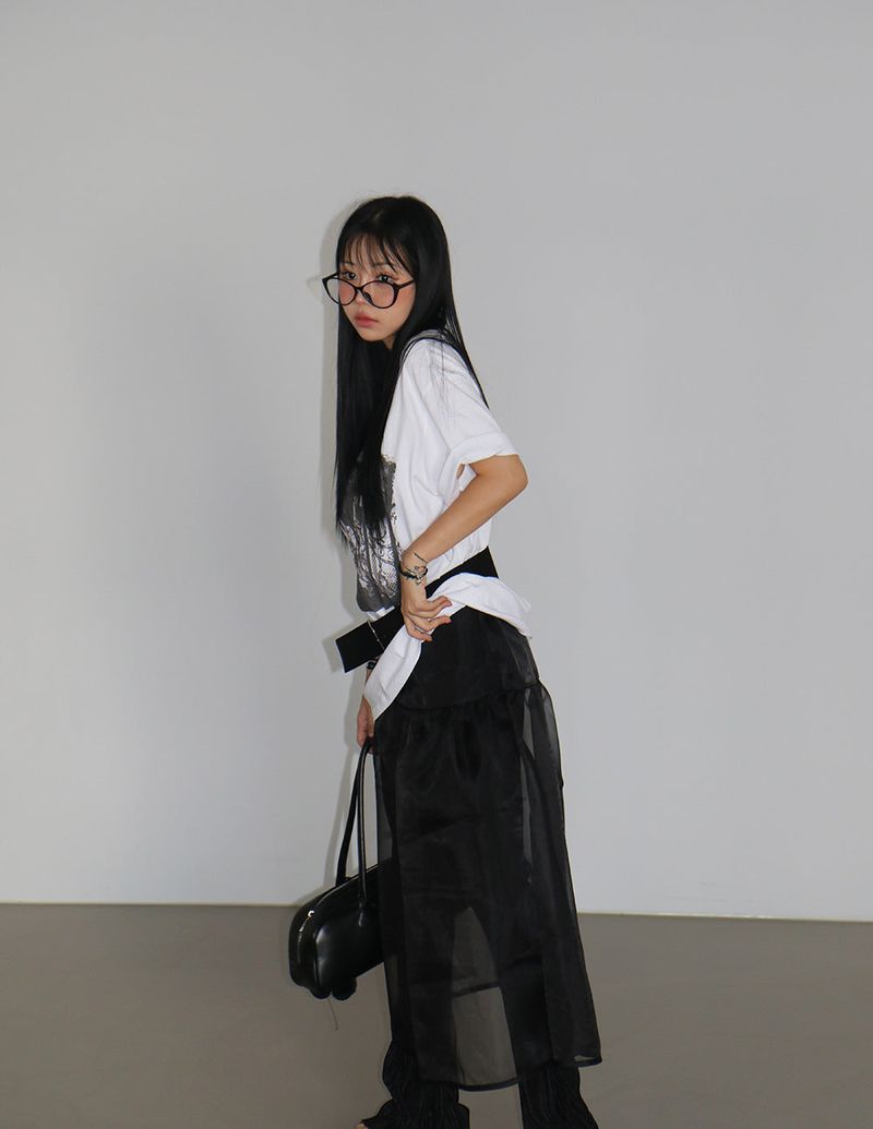 Volume see-through layered long skirt