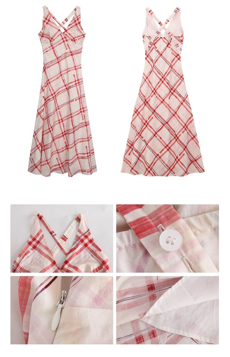 Red checkered V-neck sleeveless long dress