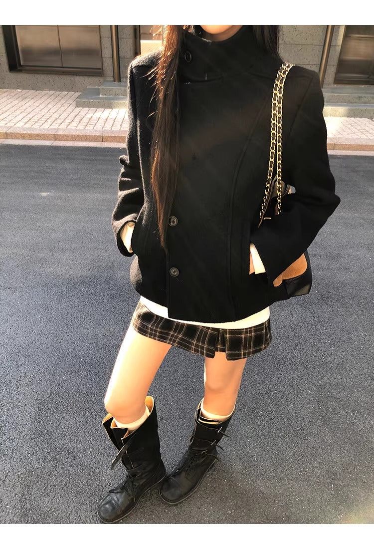 Royal black high-neck wool jacket