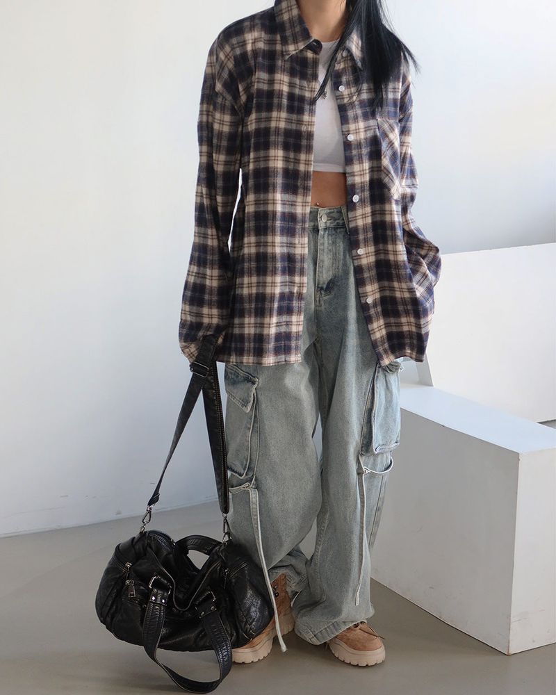 a navy checkered shirt