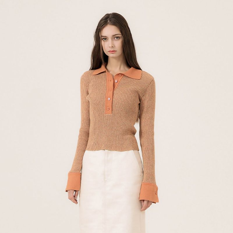 COLOR BLOCK LONG SLEEVED POLO KNIT - DEEP BEIGE